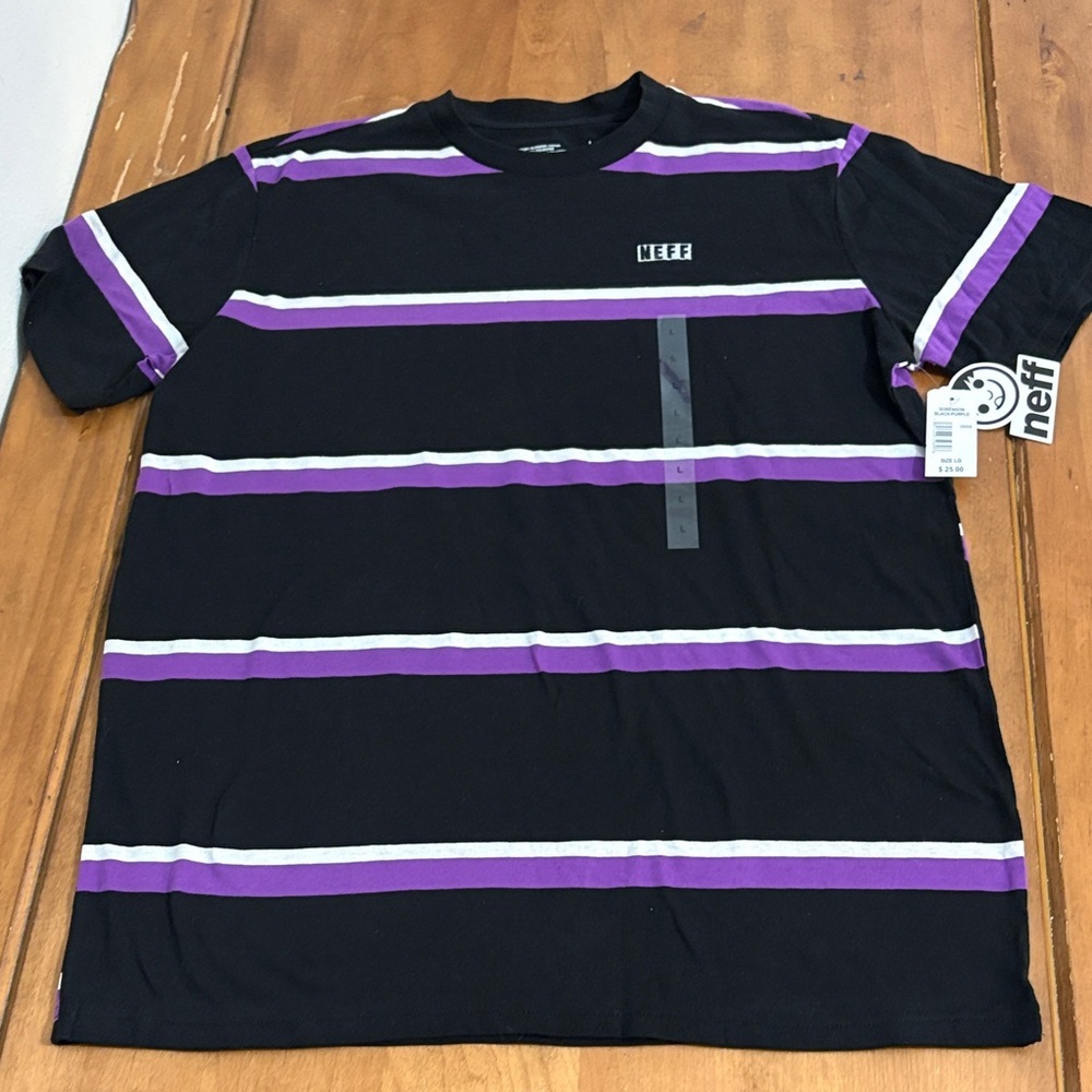 Neff NWT Black Tee with Purple and White Stripes Size Large